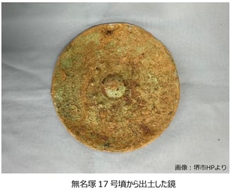 古墳時代の遺跡、無名塚17号墳から出土した青銅製の鏡。発掘直後の状態で、表面に土や緑青が付着している様子。