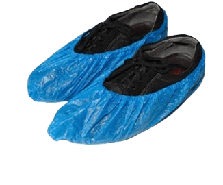 a pair of blue plastic shoe covers on a pair of shoes