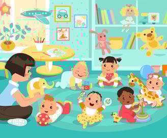 groupe d'enfants Astro'mômes jouant avec des jouets dans la crèche / micro-crèche