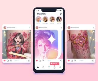 Postagens em Instagram de tatuadora delicada Kawaii com brilho e degradê rosa e feminino