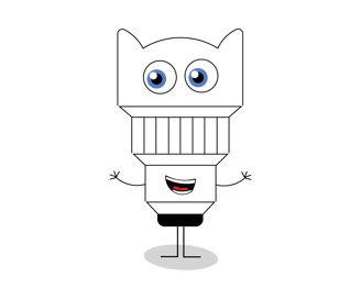mascotte en forme d'objectif photo contente