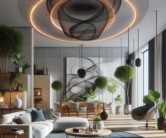 soggiorno con divano e sala da pranzo in  stile design biofilico,  con elementi naturali come legno, pietra e piante