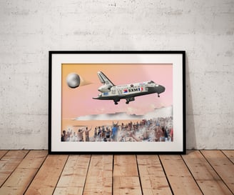 Framed print of shuttle above beachgoers at Maho Beach