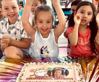 birthday girl and friends at party with birthday cake
