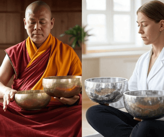 Tibetan monk and modern practinioner of singing bowls, both meditating