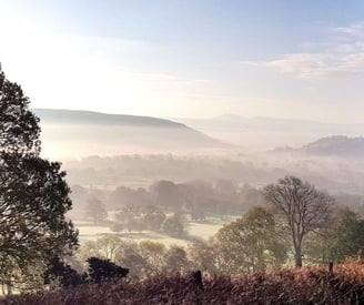 view of the cambrian mountains in the mist