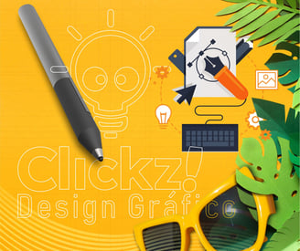 Caneta digital com objetos e elementos representando serviço de design gráfico