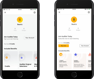 Audible Profile screen before and after
