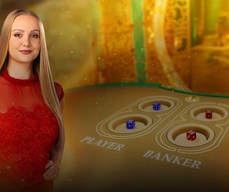 a woman in a red dress and a casino table