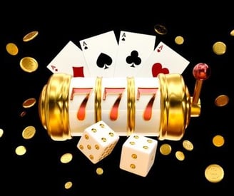 a casino machine with four dicer and playing cards
