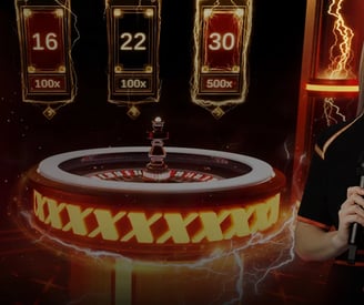 a woman in a black dress standing in front of a casino roule