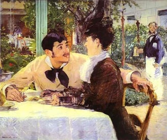 a painting of a man and woman sitting at a table