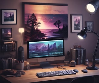 a desk with a computer monitor and a keyboard