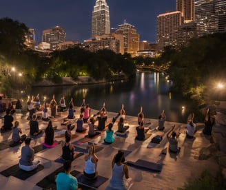 a group of people doing yoga on a large screen
