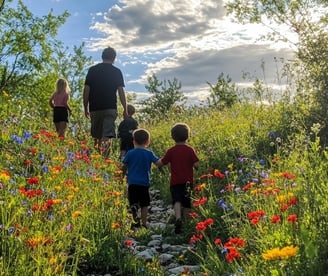 a family walking up a hill with a child holding hands