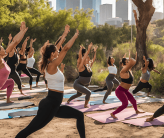 a group of people doing yoga on a beach