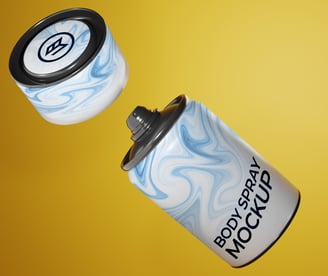 Floating body spray mockup with blue marble texture and open cap on a vibrant yellow background