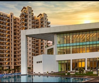 a large building with a pool and a swimming pool