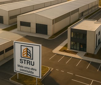 Complexo industrial STRU com armazéns concluídos ao pôr do sol