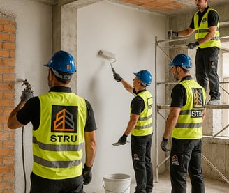 Equipa STRU a aplicar estuque e pintura em obra