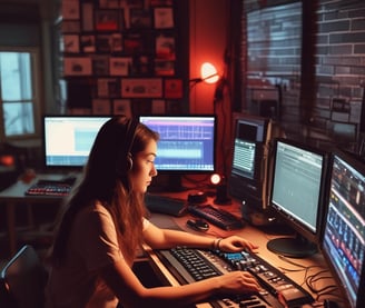 A girl working at a music production setup with a large monitor displaying music editing software.