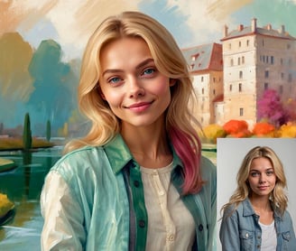 Portrait photo transformed into a woman with blonde hair and a blue jacket