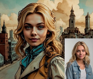 Portrait photo transformed into a comic painting of a girl with steamp punk style