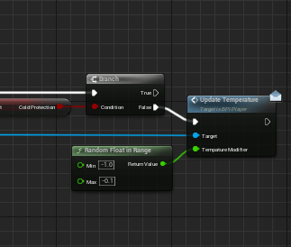 Unreal Engine 5 Blueprint logic for decreasing the player's temperature.