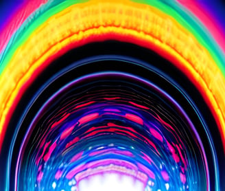 a woman walking into a tunnel with a rainbow light coming out of the tunnel