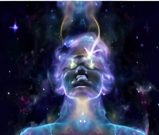 a man sitting in a meditation position with a galaxy - like body