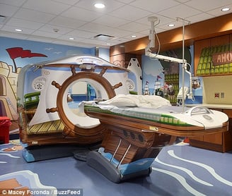 a hospital room with a large mri machine