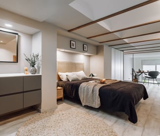 Bedroom design with natural wood furniture, rustic decor, calming tones residential interior