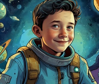 Portrait photo transformed into a young boy in a space suit and a space shuttle