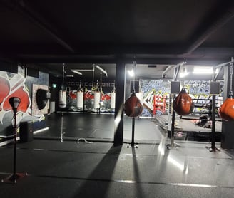 a tough gym with punching bags and a boxing ring