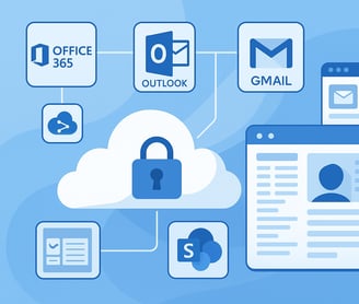 Office 365, Outlook, Gmail ve SharePoint ikonlarının birbirine bağlı şekilde gösterildiği, bulut güv