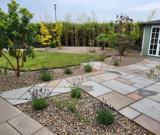 A lawn surrounded by mature planting in hemsby, norfolk