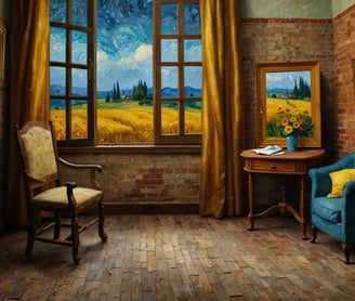 a painting of a chair and a chair in a room. VAn goh style