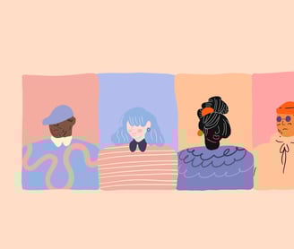 Könül Kina Bayramova flat illustration a group of people standing in front of a wall