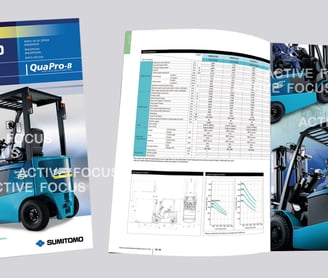 โบรชัวร์ แผ่นพับ Forklift พิมส์สีพร้อมระบุรายละเอียดและ สเปคผลิตภัณฑ์ ที่ Active Focus ได้จัดทํา