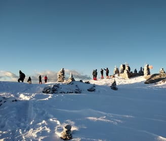 a group of people standing on top of a snow covered hill