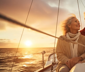 a retired couple riding a yacht at golden hour