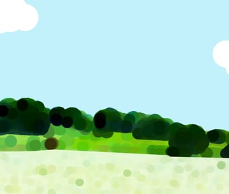 a cartoonish looking landscape with a cow in the foreground