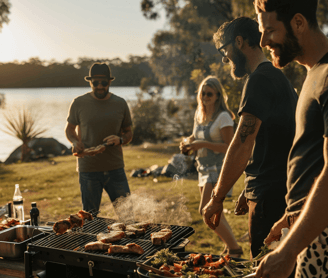 a group of people standing around a grill