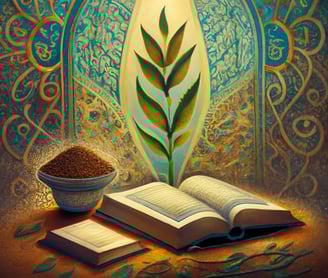 a Quran book with a bowl of grains and a growing vegetable