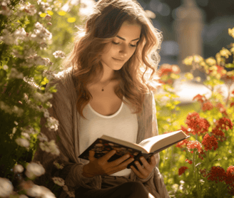 a woman sitting on a bench reading a book