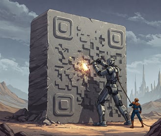Robot humanoide gigante tallando en piedra un código QR.
