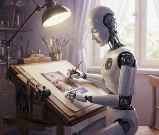 Robot humanoide reproduciendo una foto HEIC sobre una mesa de dibujo.