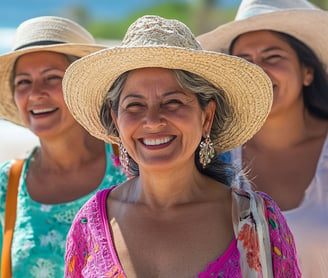 Tres mujeres mayores sonriendo en la playa con sombrero 