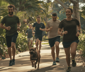 a man and woman running in a park