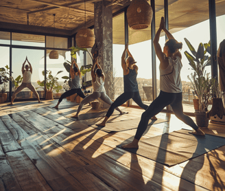 a group of people doing yoga in a room